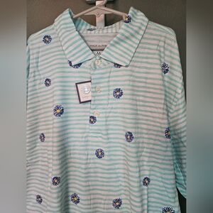 B Draddy Golf Blue Striped Shirt with Floral Design NWT